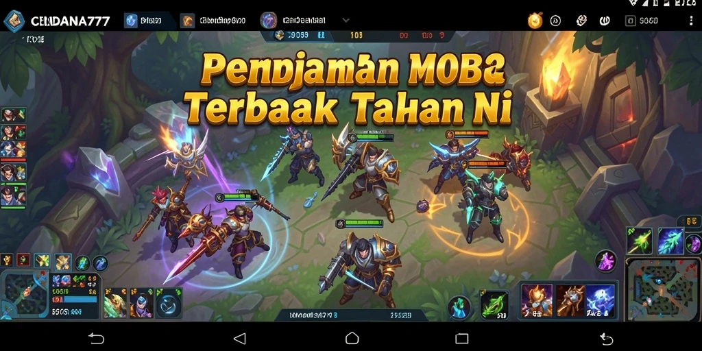 Screenshot utama CENDANA777 menampilkan aksi pertempuran MOBA yang intens.