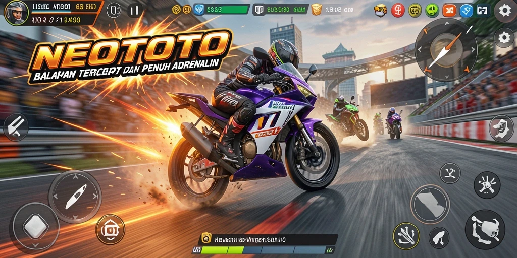 Gameplay NEOTOTO menampilkan balapan motor yang seru dan menegangkan.